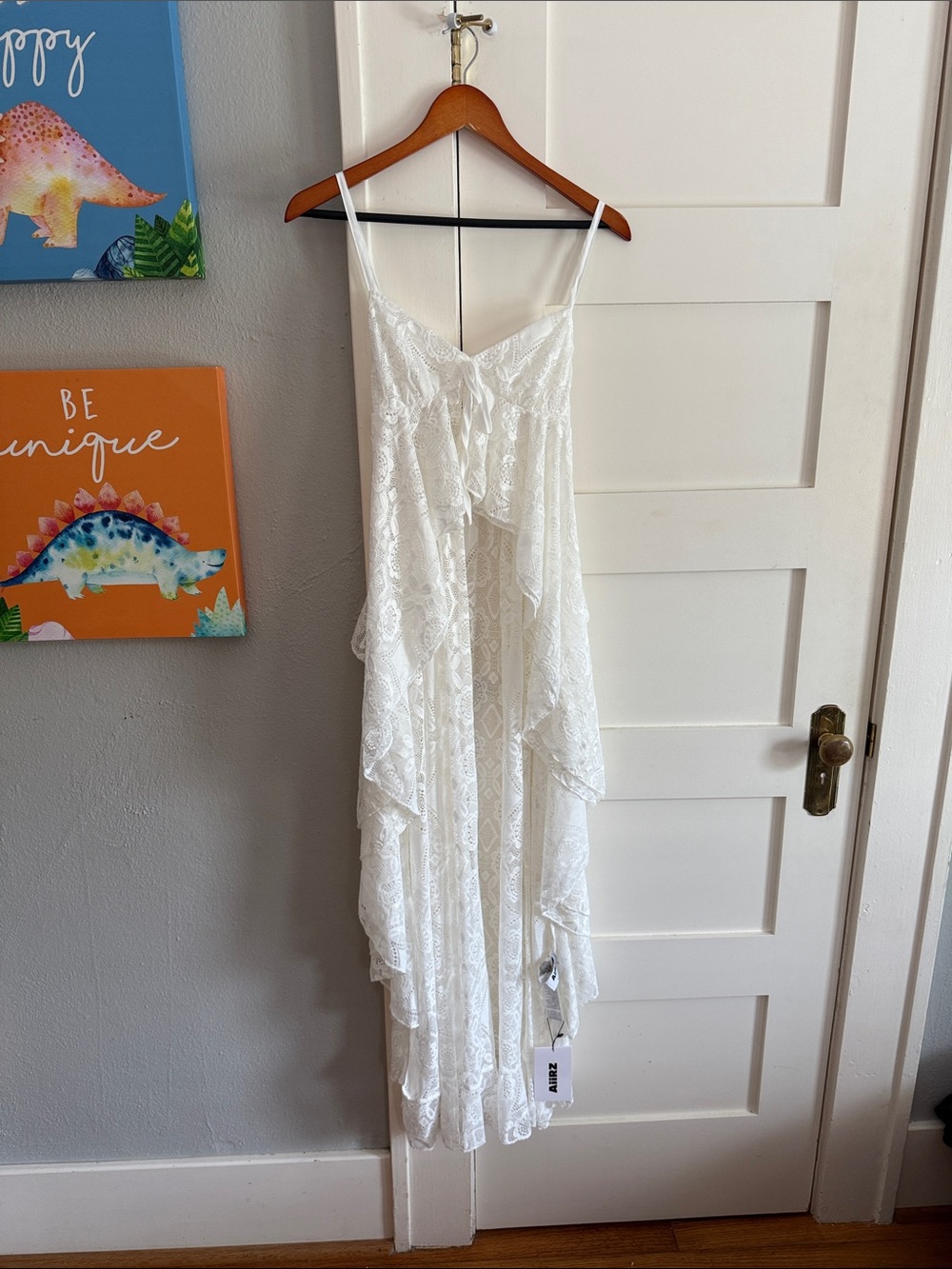 White Lace Layered Midi Dress with Tie Front